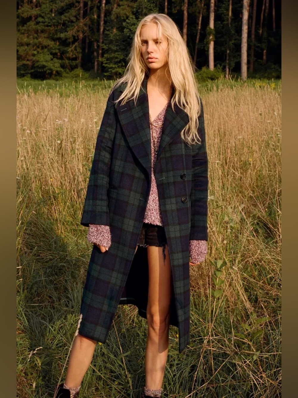 Avec Les Filles Plaid Wool Blend Long Coat Tartan Oversized Navy Green S